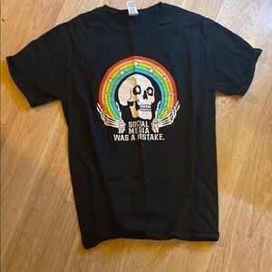 Black T-Shirt with Skull and Rainbow Design